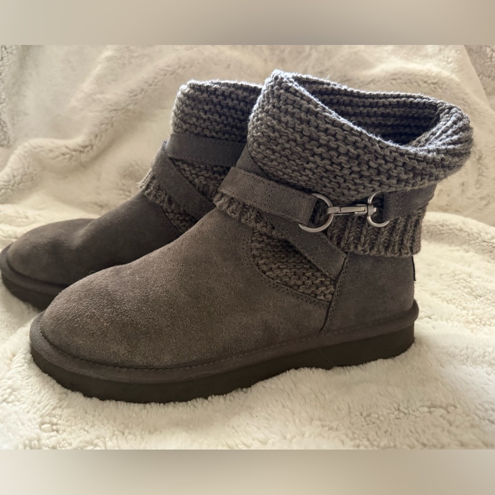 UGG Gray Sweater Knit Buckle Ankle Boots